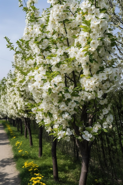 Een rij bomen met witte bloemen in de tuin