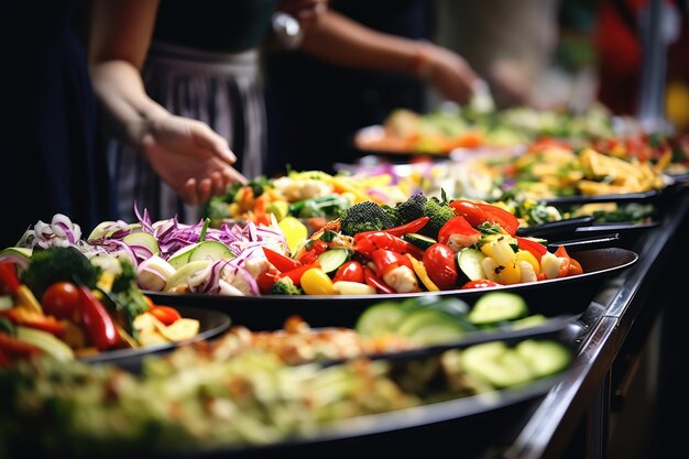 Een rij borden gevuld met verschillende soorten voedsel met een verscheidenheid aan smaken en texturen Mensen groep catering buffet eten binnen in restaurant AI gegenereerd