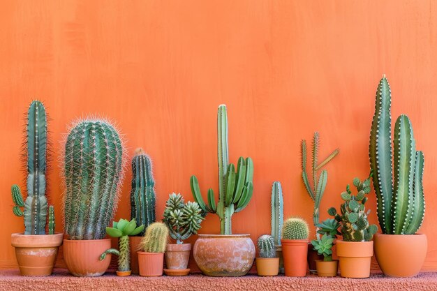 Een rij cactussen en succulenten is op een muur gerangschikt