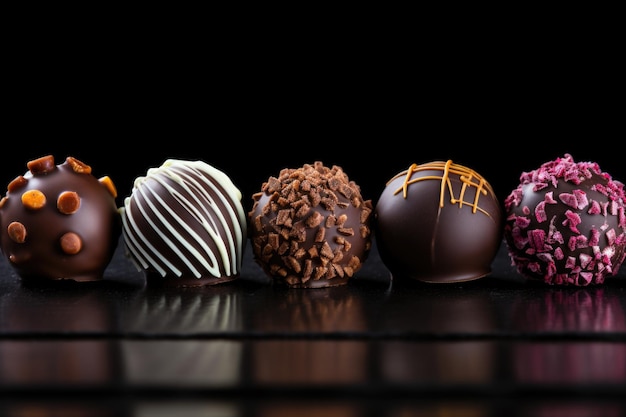 Een rij chocolade bedekte desserts die op een tafel zitten