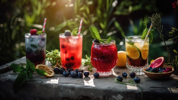 Een rij cocktails met rietjes en bosbessen op tafel