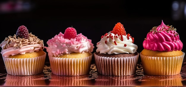 Een rij cupcakes bovenop een generatief ai-beeld van een tafel