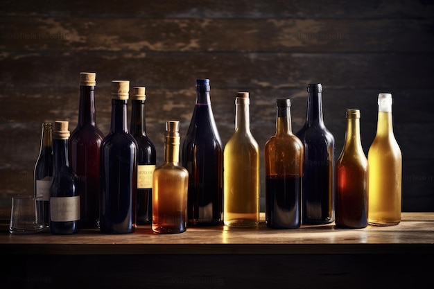 Een rij flessen alcohol op een houten tafel.