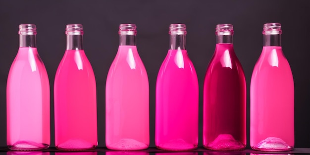 Een rij flessen met roze vloeistof erin