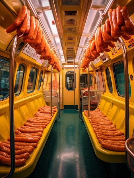 een rij gele en rode metro's met een rij worstjes aan de zijkant.