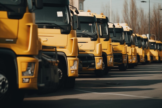 Een rij gele vrachtwagens staat opgesteld op een parkeerplaats.