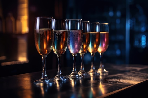 Een rij glazen champagne op een bar.