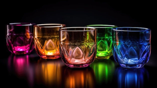 Een rij glazen met verschillende kleuren licht erop