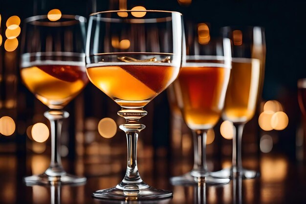 Een rij glazen met verschillende soorten alcohol aan de onderkant.