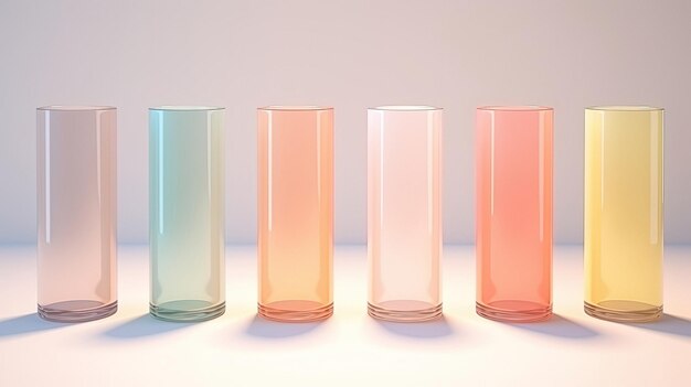 Een rij glazen vazen met verschillende kleuren en kleuren.