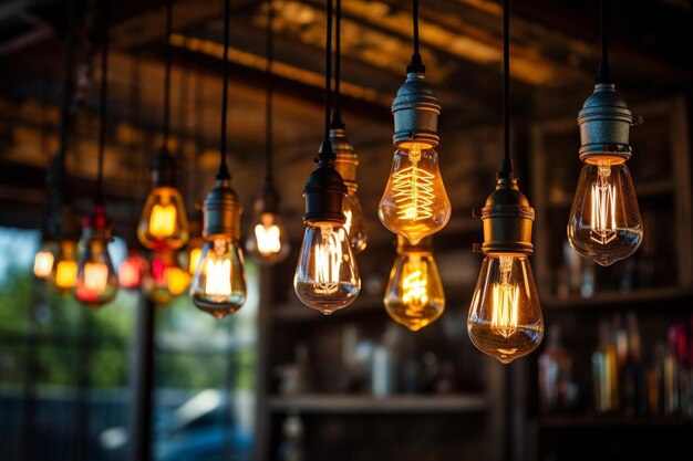 een rij hangende lichten met het woord licht op de muur