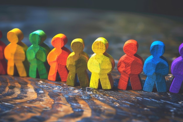 Foto een rij houten mensen in regenboogkleuren