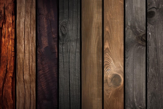 Een rij houten planken met verschillende kleuren