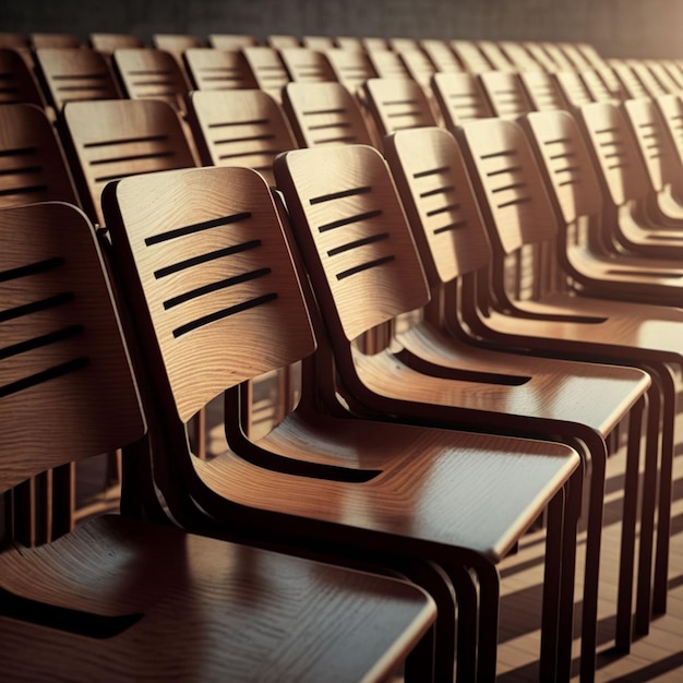 Een rij houten stoelen in een theater waar de zon op schijnt.