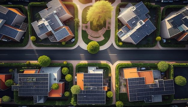 Een rij huizen met zonnepanelen op het dak Schone energie Generatieve AI