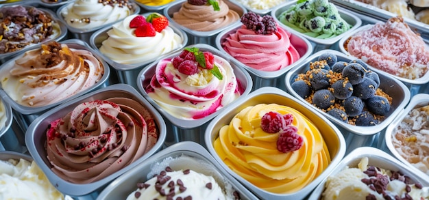 Foto een rij ijscontainers met verschillende smaken en toppings