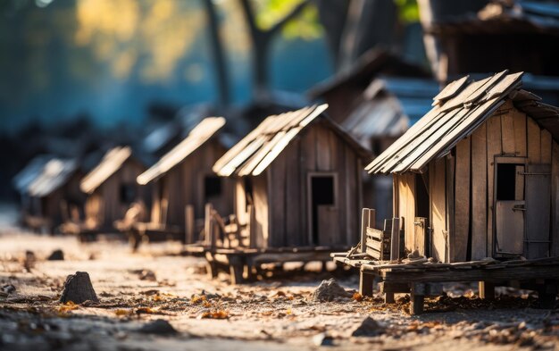 Een rij kleine houten huizen genesteld op een vuil veld