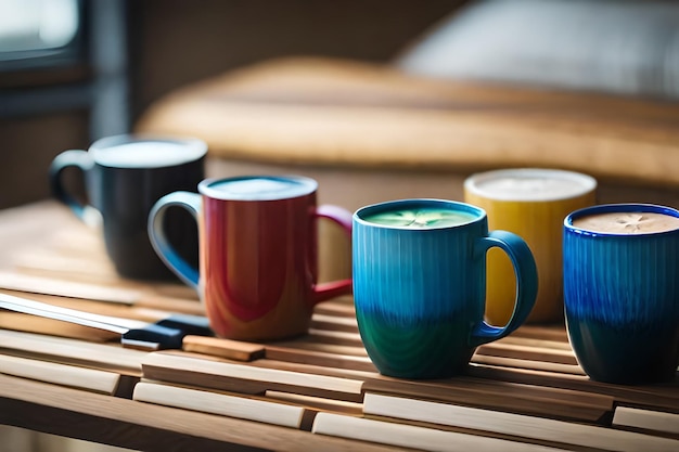 Een rij kleurrijke bekers met " koffie " op de onderkant.