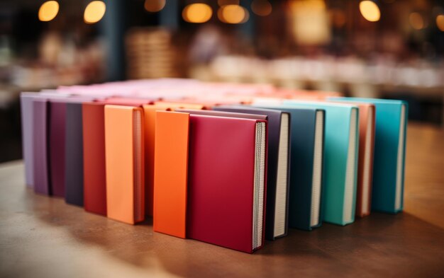 Een rij kleurrijke boeken netjes gerangschikt op een houten tafel