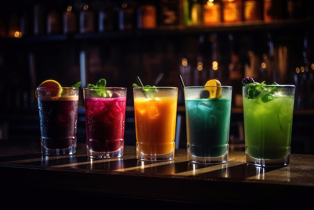 Een rij kleurrijke cocktails op een bar