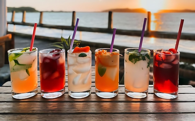 Een rij kleurrijke cocktails op een houten tafel in een restaurant bij zonsondergang