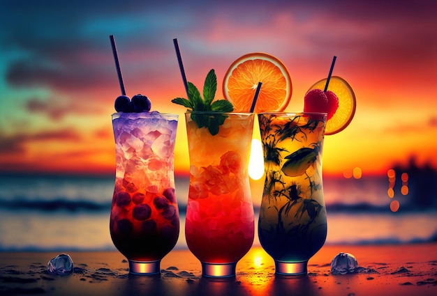 Een rij kleurrijke cocktails op een tropisch strand bij zonsondergang Generatieve ai