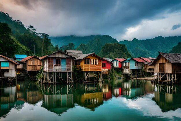 Een rij kleurrijke houten huisjes op palen aan het water