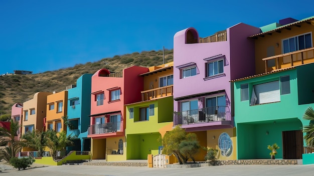 Een rij kleurrijke huizen met op de voorkant de woorden "la cabana".