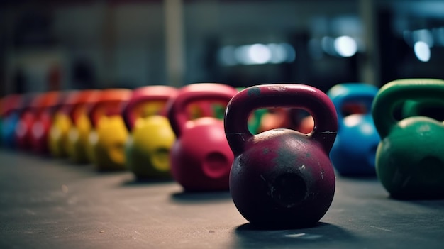 Een rij kleurrijke kettlebells zit op een tafel in een sportschool.