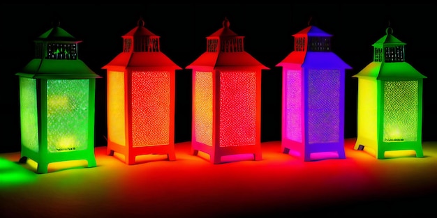 Foto een rij kleurrijke lantaarns bovenop een tafel