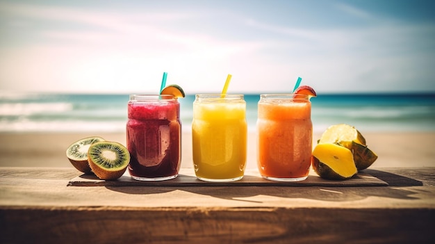 Een rij kleurrijke smoothies met een strand op de achtergrond