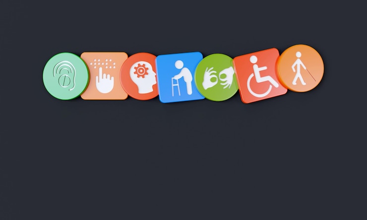 Foto een rij kleurrijke stickers met verschillende pictogrammen, waaronder een rolstoel en gehandicapten.