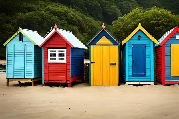 Een rij kleurrijke strandhuisjes op een strand