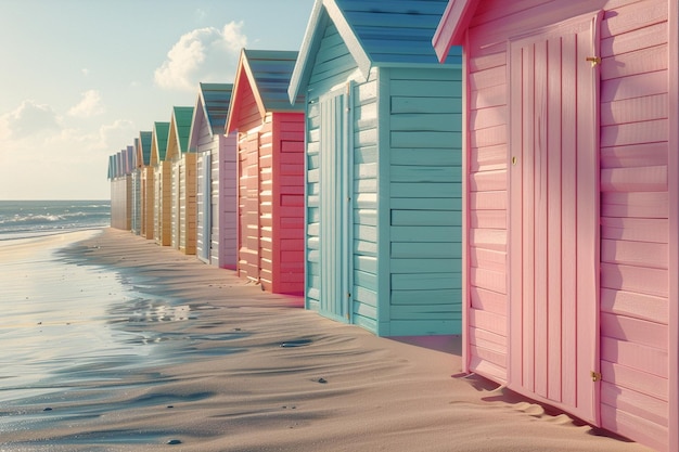 Een rij kleurrijke strandhutten langs de kust