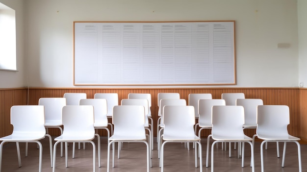 Een rij lege stoelen staat voor een whiteboard in de klas, klaar voor de leerlingen