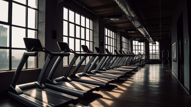 Een rij loopbanden in een donkere kamer met ramen met het woord gym erop.