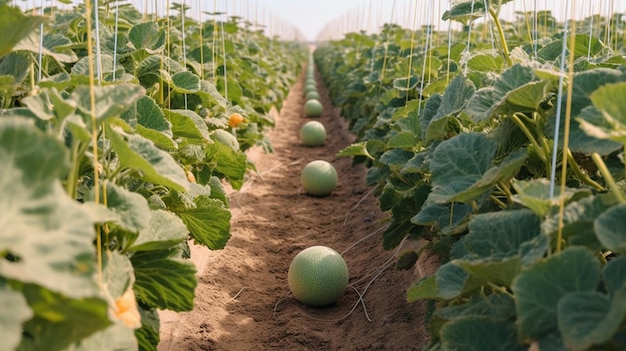 Een rij meloenen op een rij op een boerderij