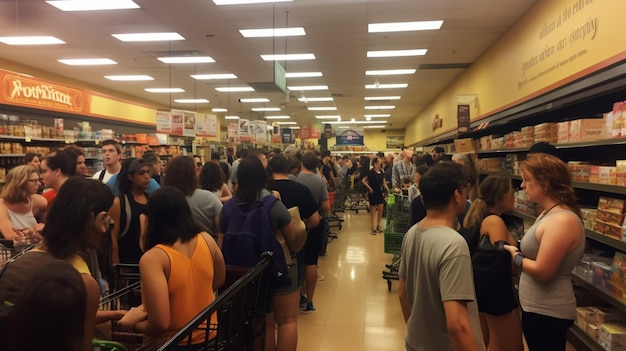 Een rij mensen in een supermarkt met een bord waarop staat 'winkel is open'