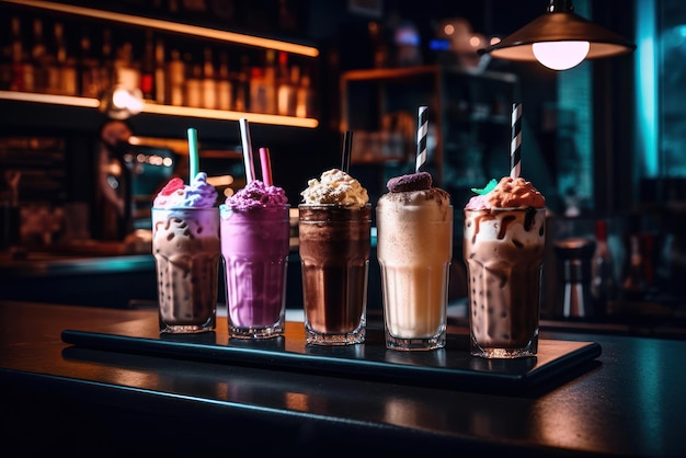 Een rij milkshakes met verschillende smaken erop