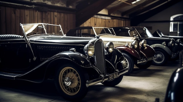 Een rij oldtimers in een garage met kenteken 4.