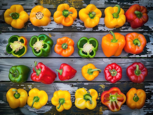 Foto een rij paprika's van verschillende kleuren, waaronder geel, rood en groen