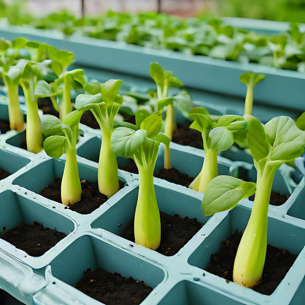 een rij planten met een blauwe container die spruiten zegt