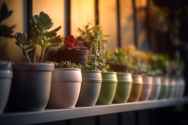 Een rij potplanten op een vensterbank