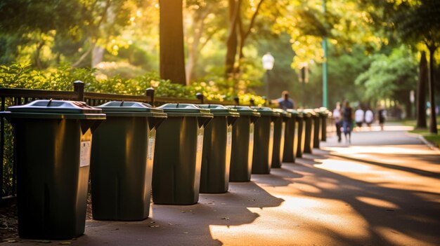 Een rij recyclingbakken in een goed onderhouden stadspark