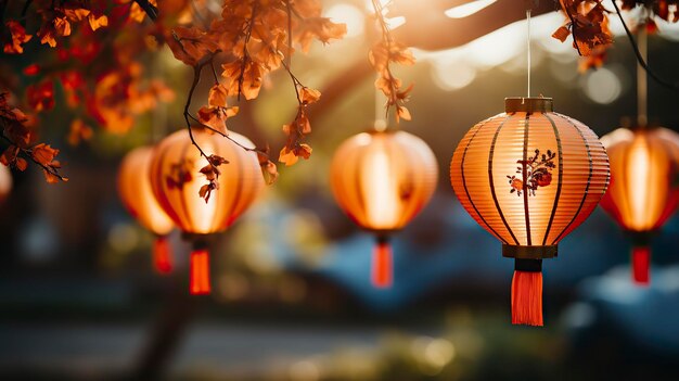 Foto een rij rode chinese lantaarns bokeh nieuwjaarsviering chinees nieuwjaar chinees nuwejaar cele