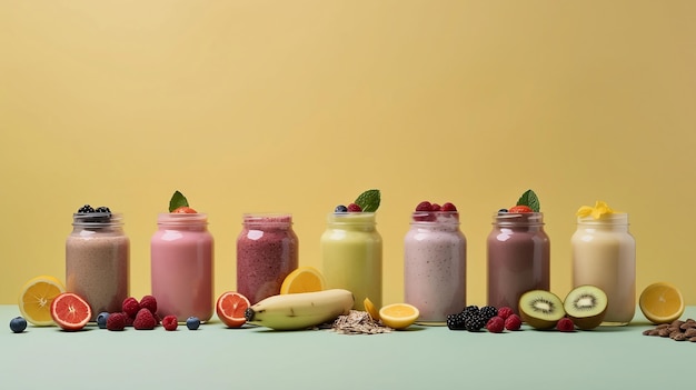 Een rij smoothies met verschillende soorten fruit erin