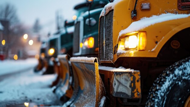 Foto een rij sneeuwploegen geparkeerd aan de kant van een weg geschikt voor winteronderhoud of transportconcepten