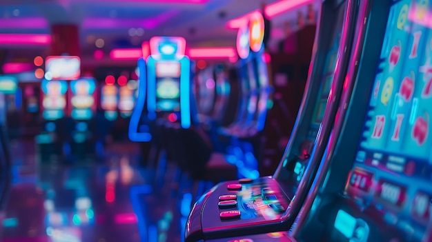 Foto een rij speelautomaten met de lichten aan en de knoppen aan de rechterkant zijn kleurrijk