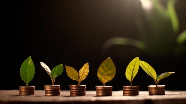 Een rij stapels munten met een plant die eruit groeit Boomblad op spaargeldmunten Bedrijfsfinanciën besparing bankinvesteringsconcept Generatieve AI