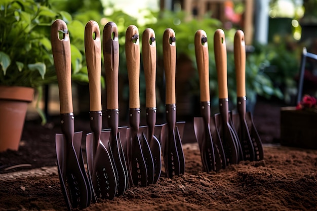 Een rij stevige tuinhoeven met hun handgrepen.